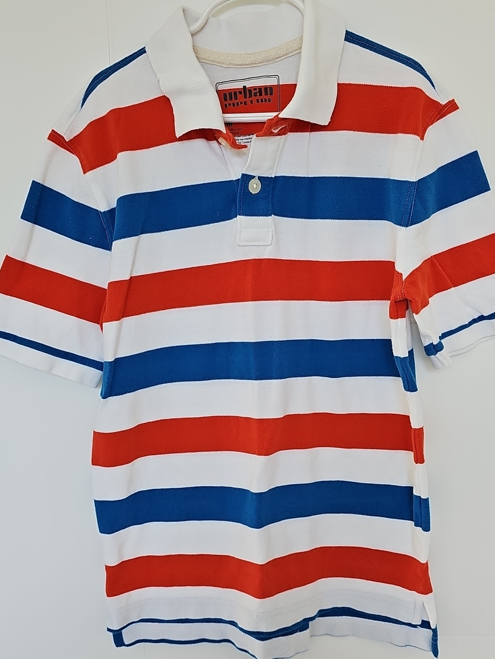 Urbqn Pipeline Kids Striped Polo Shirt - Orange, Blue & White Boys Sz M